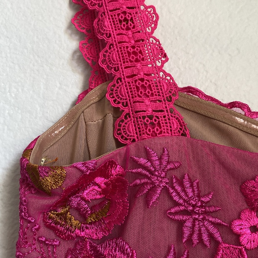 Bronx and Banco Hot Pink Lace Appliqué Asymmetric Midi Dress - Picture 10 of 16